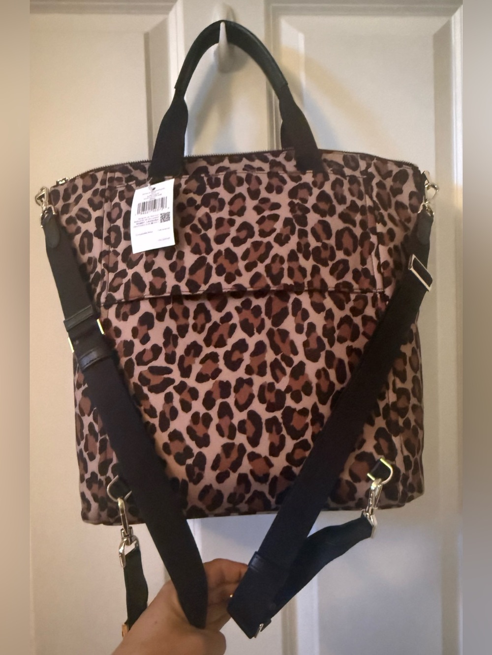 NWT- kate spade Chelsea Leopard Print Nylon Backpack Tote - Brown/Black - Picture 3 of 12